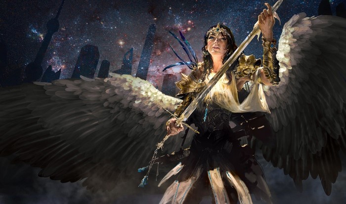 Angel warrior with sword and wings in space