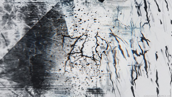 Abstract glitch art with black shapes and dots