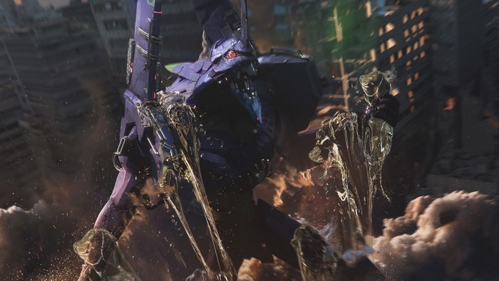EVA Unit 01 from Neon Genesis Evangelion in a destroyed city