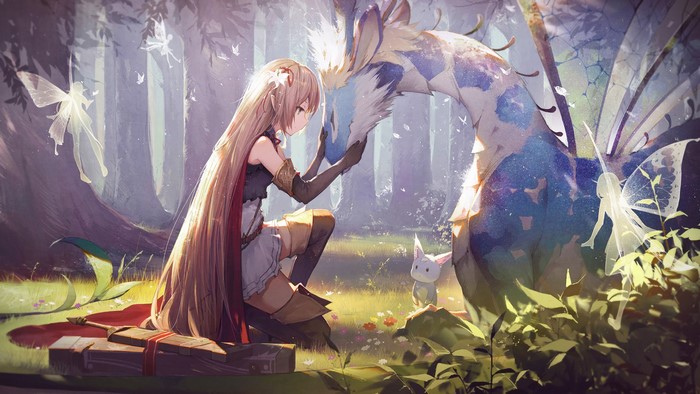 Arisa from Shadowverse with a dragon in a forest