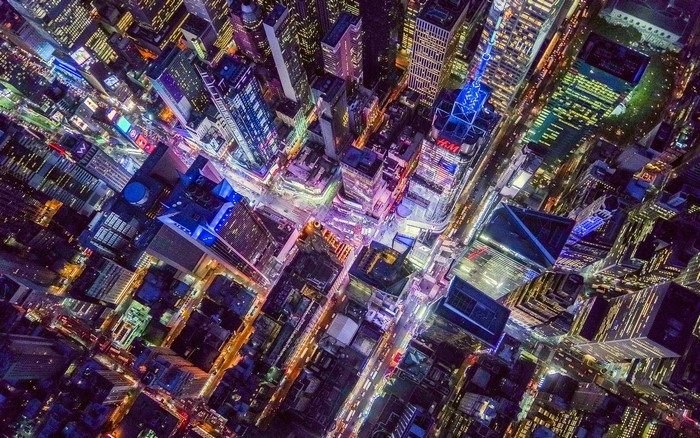 Aerial view of Times Square, New York City at night
