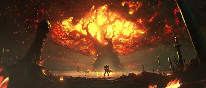 Sylvanas Windrunner before the burning World Tree in World of Warcraft