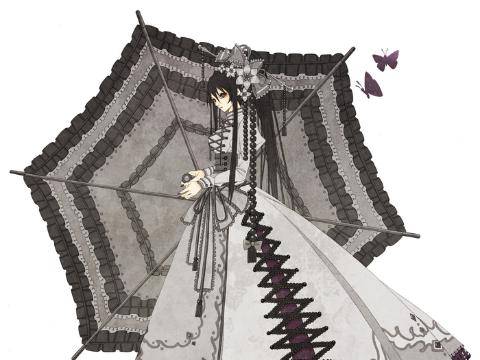 Anime girl with dark hair holding a large umbrella