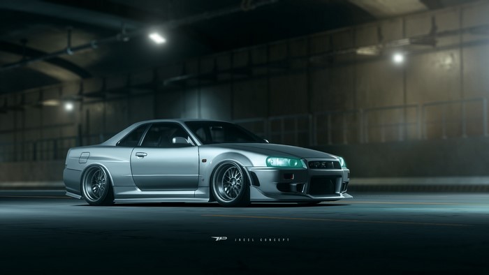 Silver Nissan GT-R R34 parked in a tunnel