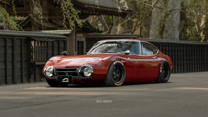 Red Toyota 2000GT with custom wheels