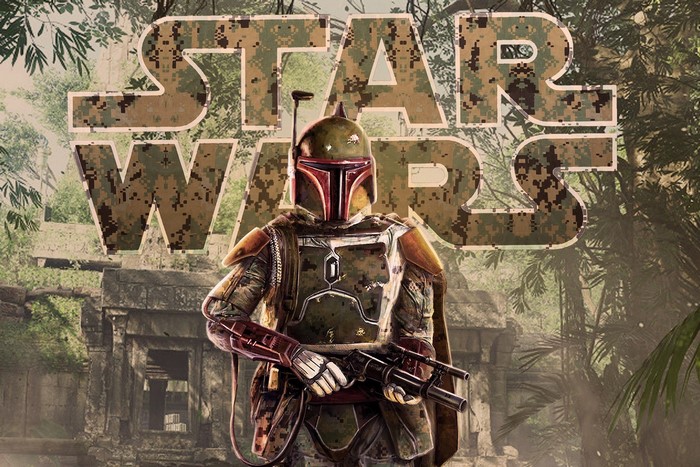 Boba Fett from Star Wars in a jungle ruin