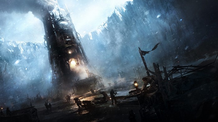 Frostpunk art of a giant steam engine in a snowy canyon