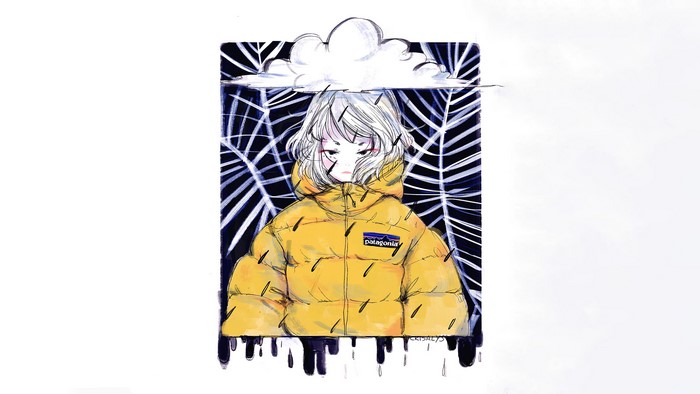 Anime girl in yellow puffer jacket under a cloud
