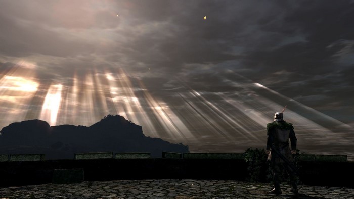 Dark Souls screenshot with knight and sunbeams