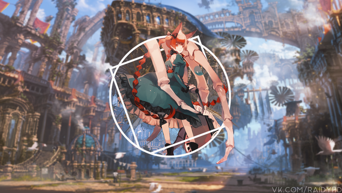 Anime girl with crab-like legs in a fantasy city
