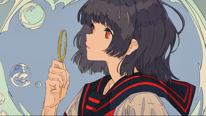 Anime girl with red eyes holding a magnifying glass
