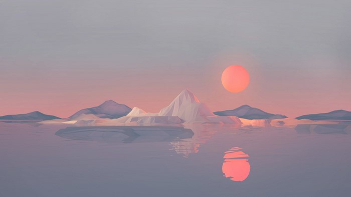 Low poly arctic landscape with sun reflection