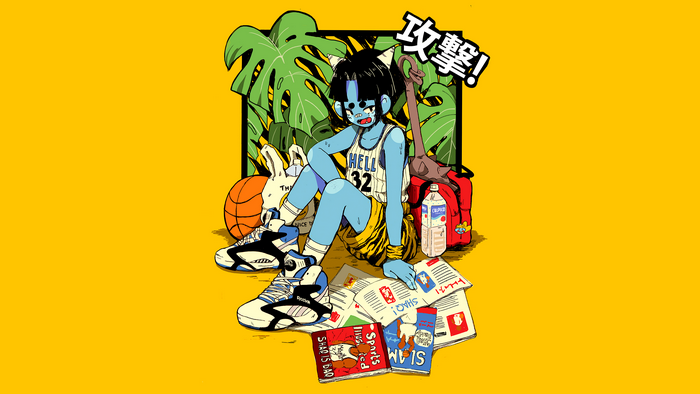 Blue character in basketball jersey with magazines