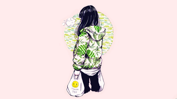 Anime girl with leaf print hoodie and shopping bag