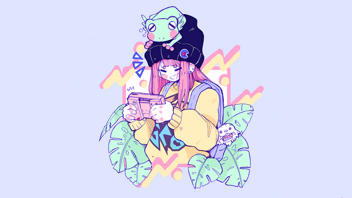 Anime girl with frog on head playing game