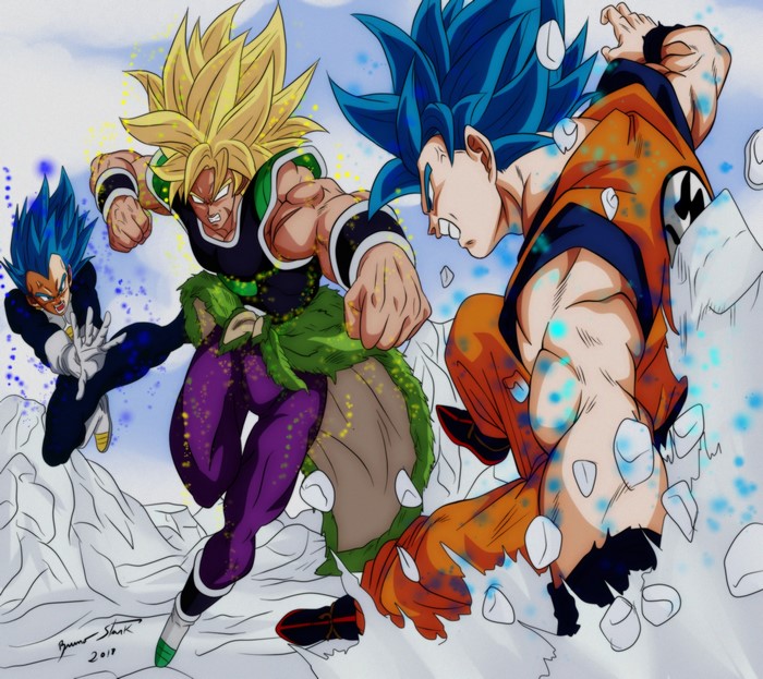 Vegeta, Broly, and Goku from Dragon Ball Z fighting