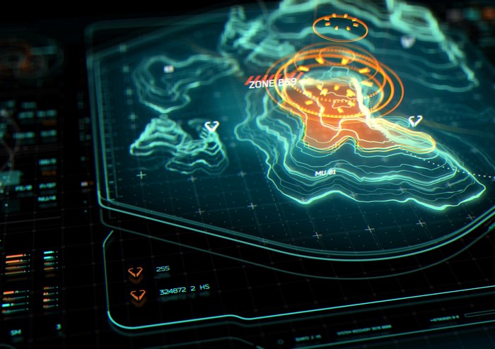 Futuristic holographic map interface with data