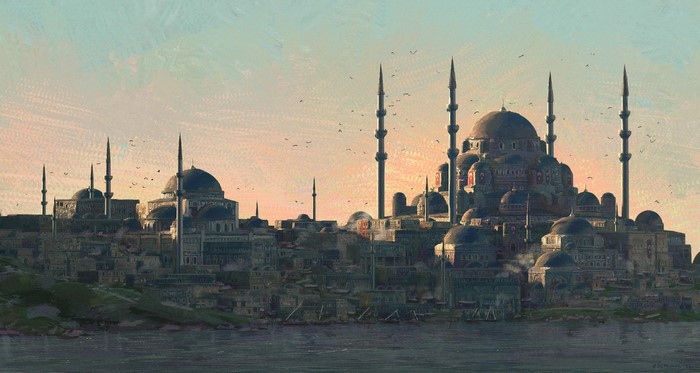 Ottoman city skyline with mosques and minarets
