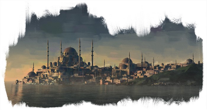 Concept art of a coastal city with mosques and minarets