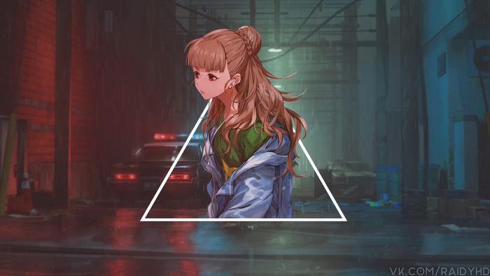 Anime girl in a rainy alley with police car