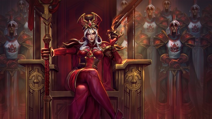 Sally Whitemane from Warcraft on a throne with guards