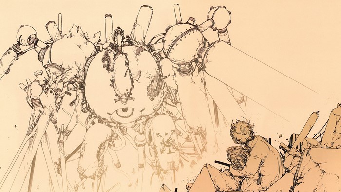 Leviathan manga artwork of a giant robot and a person