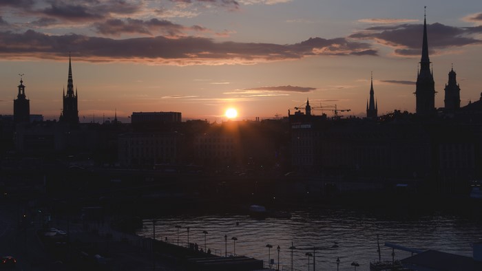 Stockholm skyline at sunset with church spires