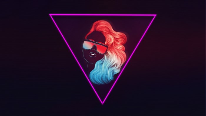 Woman with sunglasses inside a neon triangle