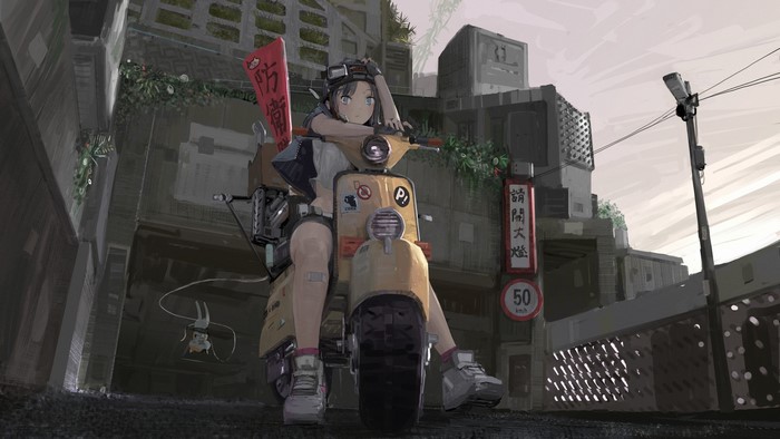 Anime girl on a yellow moped in a city