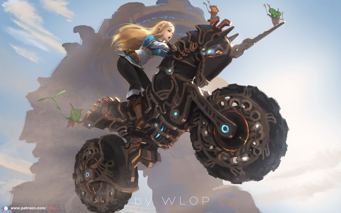 Zelda from The Legend of Zelda: Breath of the Wild on a motorcycle