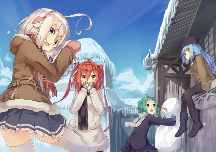 Anime girls building a snowman in a snowy village