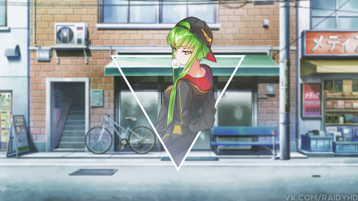 C.C. from Code Geass in a street setting