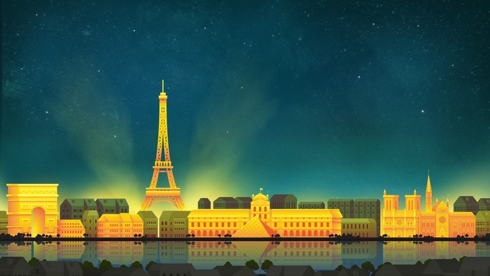 Parisian cityscape with Eiffel Tower, Arc de Triomphe, Louvre, and Notre-Dame at night