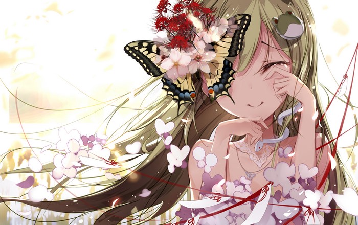 Kochiya Sanae from Touhou with butterfly and flowers