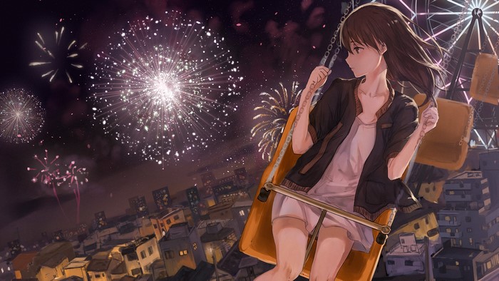 Anime girl on swing watching fireworks