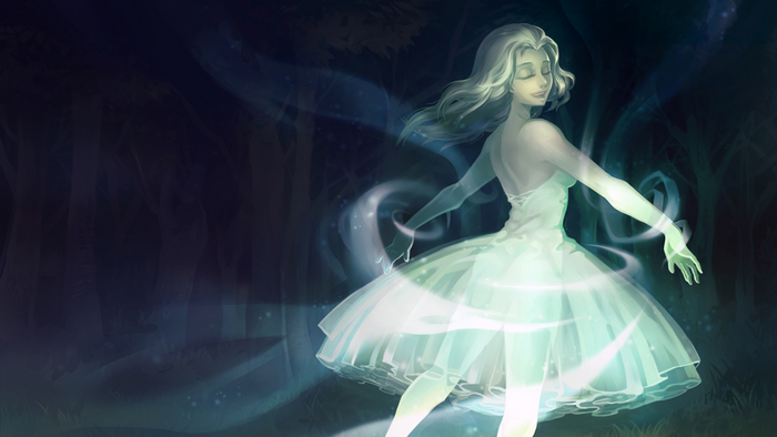Anime girl in a white dress dancing in a forest