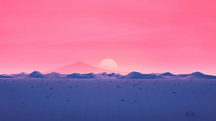 Low poly landscape with mountains and sun by Mark Kirkpatrick