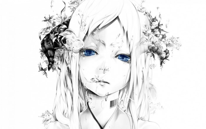 Anime girl with horns and blue eyes, selective coloring