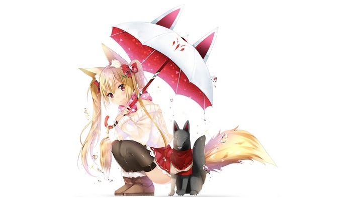 Anime girl with fox ears and tail holding umbrella with fox