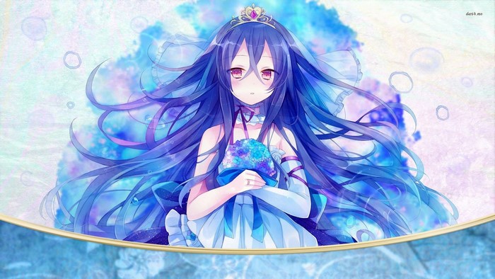 Anime girl with purple hair and red eyes wearing a tiara