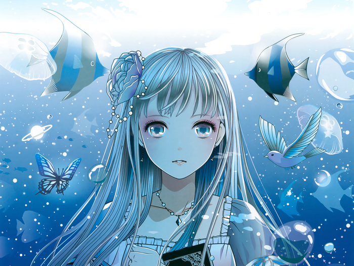 Anime girl with long hair surrounded by sea creatures
