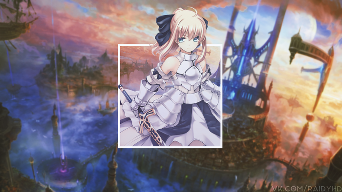 Saber from Fate/Stay Night with fantasy city background
