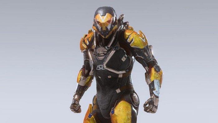 Anthem Javelin armor suit with yellow and black accents