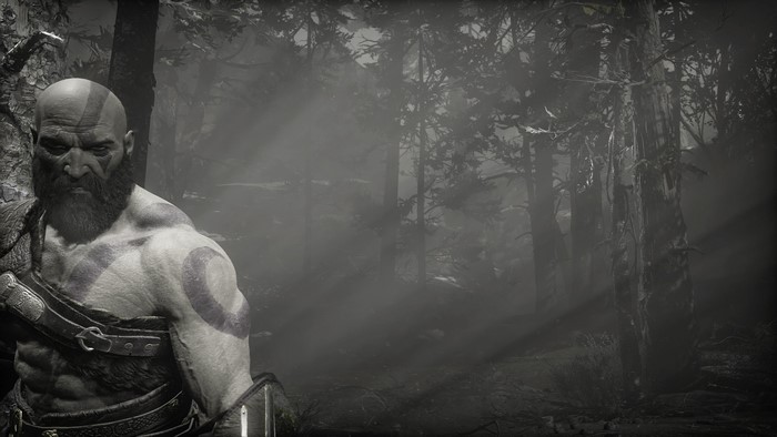 Kratos from God of War (2018) in a forest