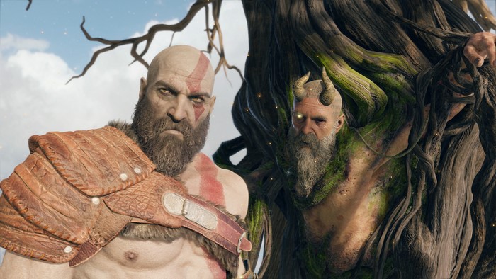 Kratos and a tree creature from God of War