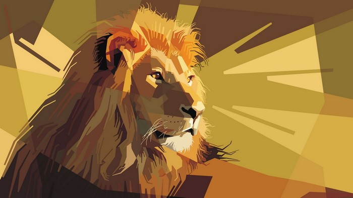 Geometric Lion Portrait with Sunburst Background