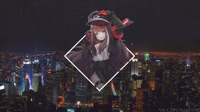 Anime girl in a hat over a city at night