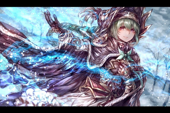 Anime girl with green hair and armor in snow