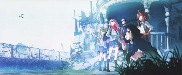 Darling in the FranXX characters in ruined building