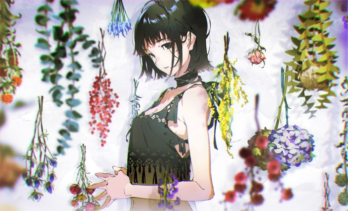 Girl with black hair and flowers, by Yoneyama Mai